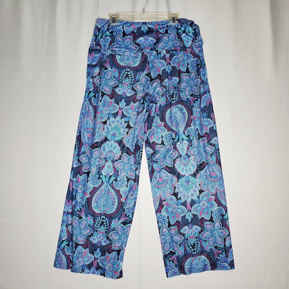 Arolina Wide Leg Pants Womens XL Blue Stretch Floral Paisley Multicolor Pull-On - Picture 2 of 11